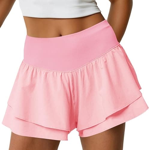 Fisoew Womens High Waisted Athletic Shorts Ruffle Tiered Running Workout Tennis Shorts with Build in Shorts - Image 1