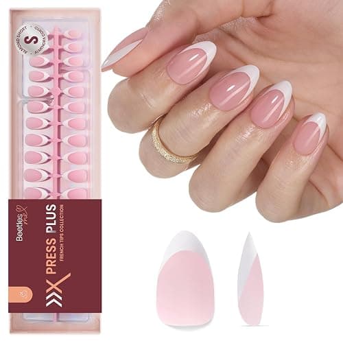 Beetles French Tips Press On Nails: 224 Pcs Pink French Tip Nails Short Almond Fake Nails, Soft Gel Nail Tips False Nails Art DIY For Women,16 Sizes - Image 1