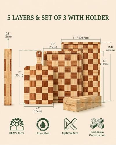 Checkered Cutting Board Set with Holder, Set of 3 End Grain Butcher Block Boards for Kitchen, Bamboo Serving Board with Handle for Cheese, Charcuterie, Meat, Fruit and Meal Prep thumbnail 3