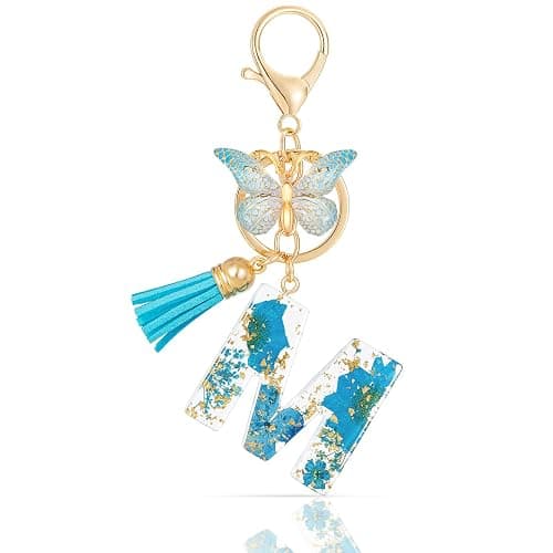MWOOT Initial Letter Keychain Resin Alphabet Keyrings,Blue Petals Gold Foil Key Ring Charm,Cute Car Key Chain - Image 1