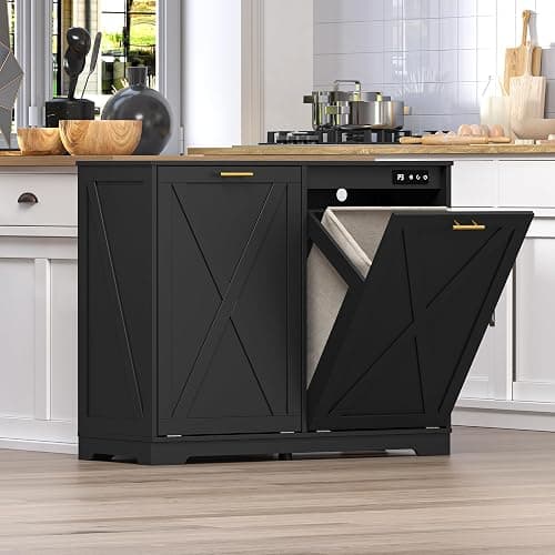 BORNOON Tilt Out Trash Can Cabinet for 2 Bins, Hidden Recycle Garbage Bin Enclosure, Wooden Double Laundry Cabinet with Odor Control, Negative Ion & Ozone, for Kitchen, Bathroom, Laundry Room thumbnail 6
