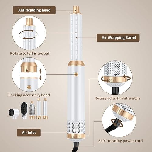 5 in 1 Blow Dryer Brush, Upgrade Hair Dryer Brush Air Curler Air Curling Wrap Styler, Detachable Hot Air Brush Negative Ion Curling Brush Iron, Hair Styling Tools for Drying Curling Straightening thumbnail 8