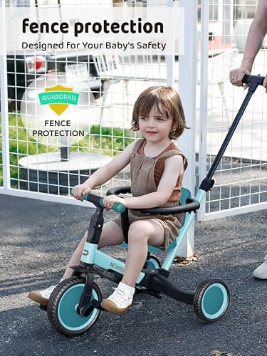 newyoo TR008 Toddler Push Tricycle, Toddler Bike for 1-3 Years Olds, Birthday Gift for Boys and Girls, 5 in 1 Balance Bike with Handle, Kids Trike with Safe Bar, Green thumbnail 3