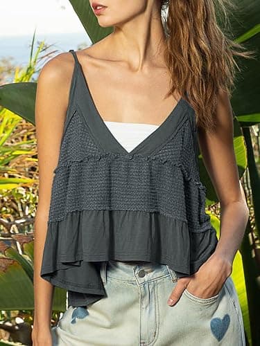 VNIRA Womens Sleeveless Peplum Spaghetti Strap Babydoll V Neck Ruffle Loose Fit Waffle Knit Crop Boho Tank Tops thumbnail 4