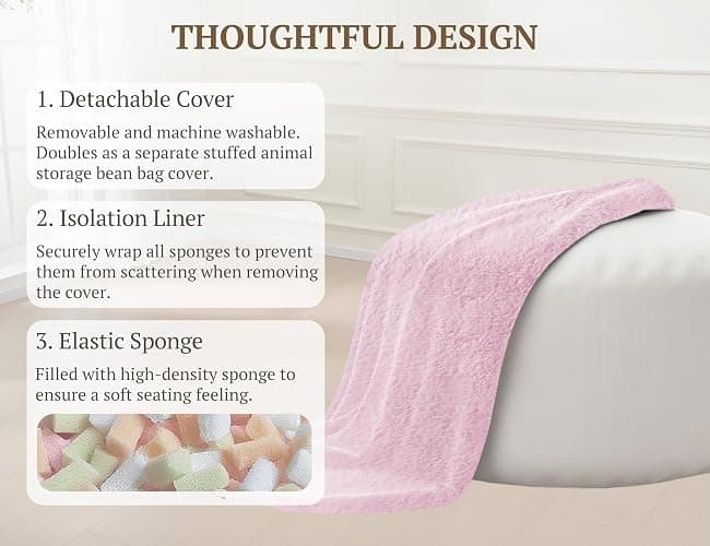 WSOFRLAC 3FT Bean Bag Chair, Comfy Bean Bag Chairs for Adults, Luxury Velvet Memory Foam Stuffed Beans Bags with Removable Cover, Adult Beanbag Chair with Filler for Living Room, Bedroom, Pink thumbnail 3