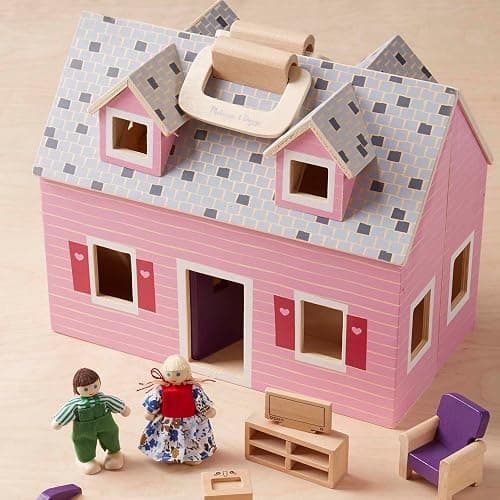 Melissa & Doug Fold & Go Wooden Dollhouse with 2 Dolls and 11 Pieces of Furniture - Portable Mini Doll House with Accessories and Toy Figures, Ages 3+ thumbnail 9
