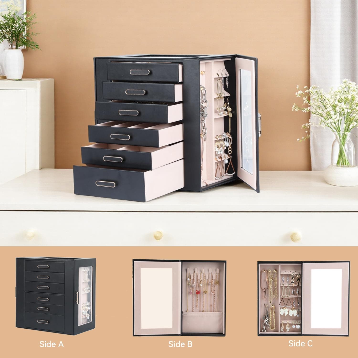 Jewelry Boxes for Women, 6 Layer Jewelry Organizer with Glass Lids, Jewelry Holder Organizer with 5 Drawers and 2 Glass Doors for Jewelry Storage, Big Jewelry Box for Womens Gift (Black) thumbnail 2