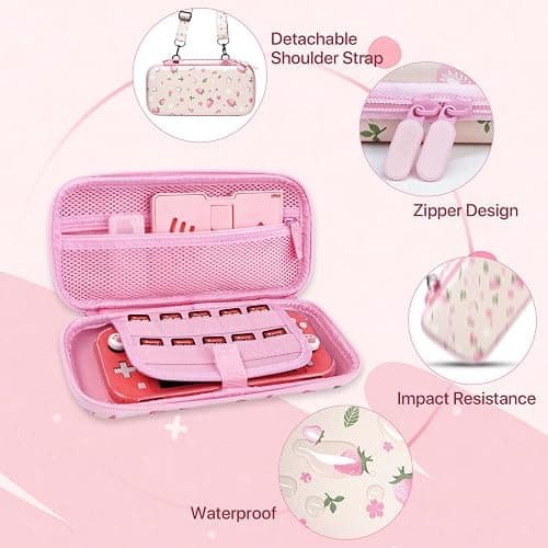 FIWWAT Switch Lite Case Carrying Case- 19 in 1 for Nintendo Switch Accessories Bundle with Switch Thumb Grips, Clear Protective, Screen Protector Cover, Cute Pendant, Stand, Stylus, for Girls, Pink thumbnail 3