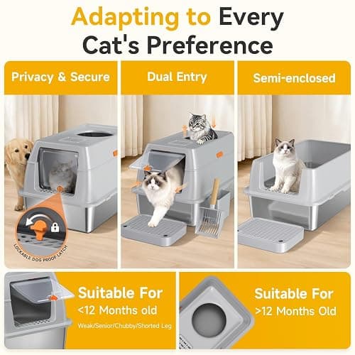 Tevila XL Enclosed Stainless Steel Litter Box with Lid, Light Gray | covered, High Sided, Rustproof & Leak Proof, Easy Clean, Odor Control, Includes Scoop & Step thumbnail 6