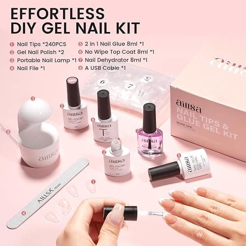 AILLSA Nail Extension Kit Short Almond Nail Tips 240pcs for Starters | 2 In 1 Nail Glue Base Coat and Nail Dehydrator, Nail Extension Kit with Nail Lamp Top Coat for Starters thumbnail 4