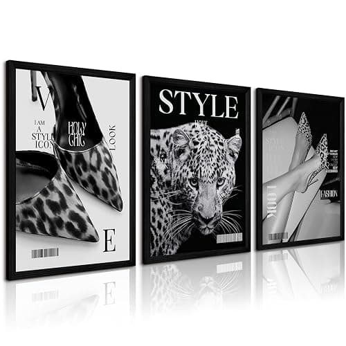 Black Leopard Wall Art Y2k Cheetah Canvas Wall Decor Fashion Trendy Posters Vintage Aesthetic Pictures Luxury Heels Painting Stockholm Prints for Bedroom Living Room 16x24 Inch Framed Set of 3 - Image 1