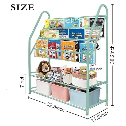 aboxoo Metal Kids Bookshelf Green Freestanding for Children Room 32 in Toy Organizer Book Unit Storage Large Green Stable Bookcase Bookstore Living Room Bed Room Library thumbnail 3