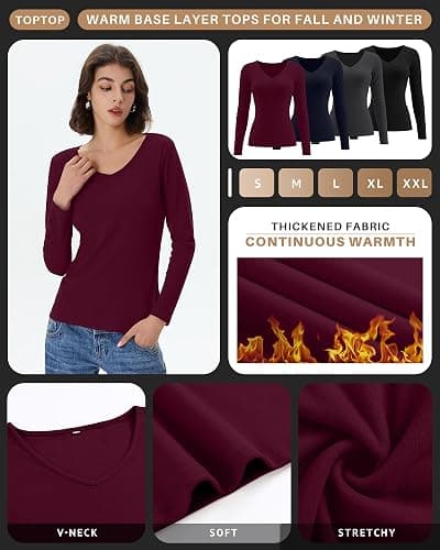 Velvelhall 4 Pack Women's Long Sleeve Thermal Shirts Fleece Lined V Neck Slim Fit Underwear Base Layer Basic Winter Warm Tops thumbnail 5