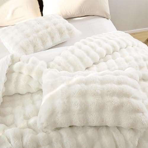YIKUSH White Comforter Set Full – Ultra Soft & Warm Faux Fur Comforter for Winter, Elegant Fluffy Cream Comforter with Pillowcases, Cozy White Full Bedding Set thumbnail 7