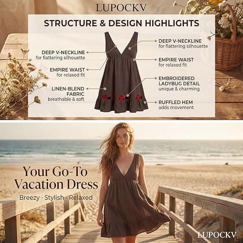 Ladybug Babydoll Dress Sleeveless Deep V Ruffle Mini Brown Linen Blend Sundress Embroidered Hem Bohemian Cottagecore thumbnail 7