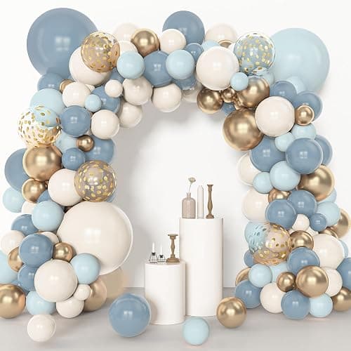 Amandir 153pcs Dusty Blue Balloon Garland Arch Kit, Different Sizes 18 12 10 5 inch Blue White Sand Latex Metallic Confetti Gold Balloons for Boys Birthday Boho Baby Shower Party Decoration Supplies - Dusty Blue thumbnail 5