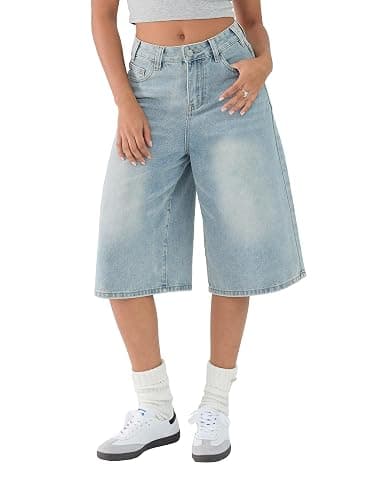 EMMIOL Machine Wash Y2K Jorts Women Wide Leg Baggy Long Jean Shorts Loose Fit Grunge Bermuda Denim Shorts - Image 1