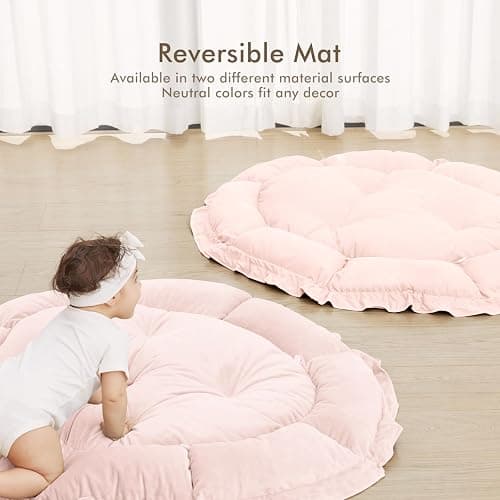 ANGELBLISS 5 in 1 Baby Play Gym Mat, Reversible Tummy Time Mat with 5 Sensory Toys for Stage-Based Developmental, Thick & Large Baby Activity Center from Newborn to Toddler (Pink) - Pink thumbnail 5