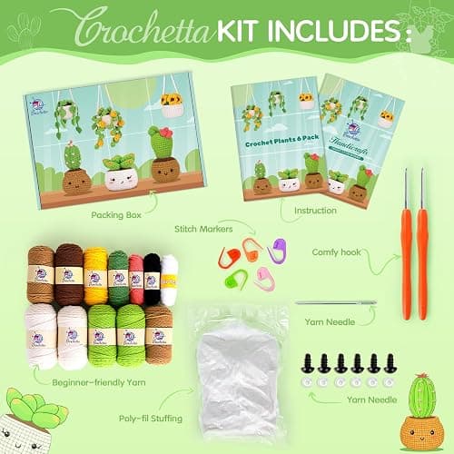 Crochetta Crochet Kit for Beginners, Crochet Starter Kits for Adults, Amigurumi Craft Knitting Crocheting Kits with Step-by-Step Video Tutorials, 6 Pc Hanging Potted Plants Family(40%+ Yarn thumbnail 4