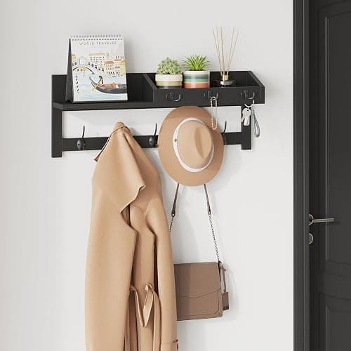 AMBIRD Wall Hooks with Shelf - 26.57" Entryway Wall Hanging Shelf Wood Coat Hooks and Key Holder (Black) thumbnail 4