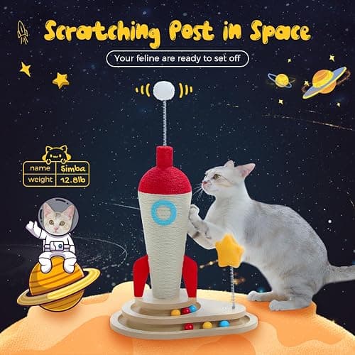 PETEPELA Cat Scratching Post, Rocket Sisal Cat Scratcher, 24.8'' Cute Scratching Post with 2-Layers Wooden Track Cat Toys & Spring Pompom for Indoor Cats Adults thumbnail 2