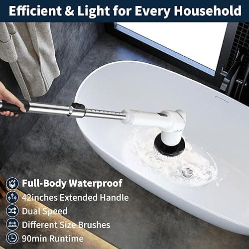 Electric Spin Scrubber - Cordless Cleaning Brush with Digital Display, 2 Speeds, 8 Brush Heads, IPX7 Waterproof, Adjustable Long Handle for Bathroom, Tub, Tile, Shower, and Car thumbnail 5