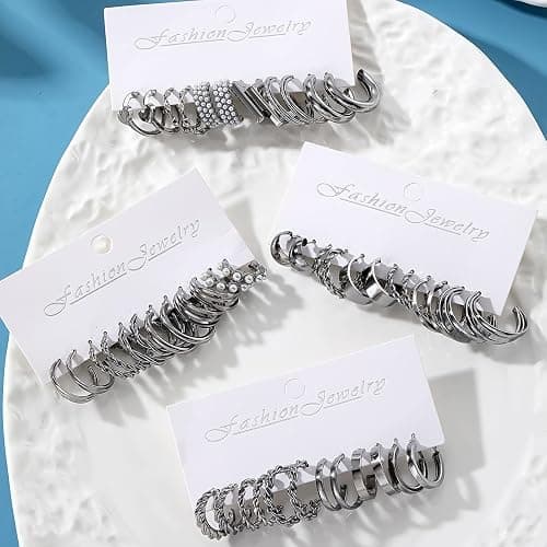 16-24 Pairs Gold Silver Black Earring Set for Women, Chunky Earring Multipack Punk Trendy Big Small Stud Hoop Earring Lightweight Twisted Pearl Ear Pack For Daily Birthday Party Gift thumbnail 5