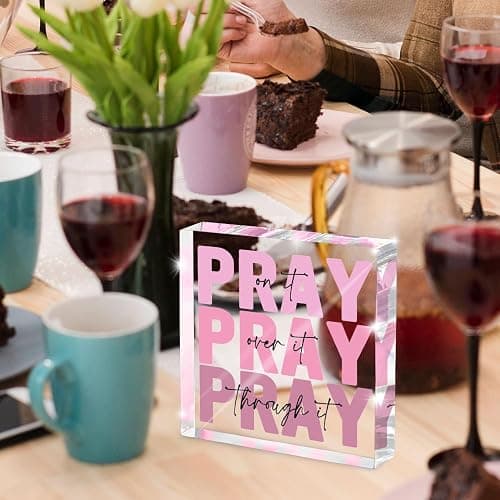 zaxek Pink Inspirational Decor Pray Over It Bible Verse Wall Art Christian Gifts for Women, 4x 4 Inches Office Desk Accessories Decor Sign, Pink Dorm Room Decor for Women - Pray on it Pray through it - Modern thumbnail 2