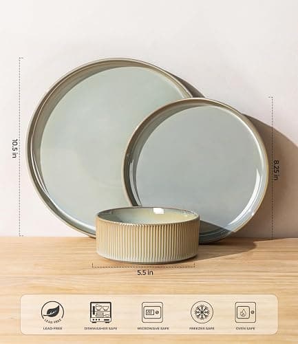 LERATIO Dinnerware sets for 4,12 Piece Stoneware Plates and Bowls sets | Handmade Reactive Glaze Dish Set,Lightweight & Scratch Resistant,Oven & Microwave & Dishwasher Safe-Pale Sage thumbnail 2