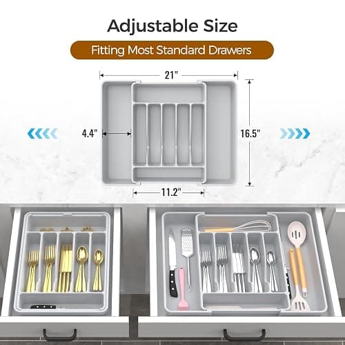 ukeetap Extra Large Expandable Silverware Organizer, BPA-Free Food-Safe Cutlery Flatware Organizer, Kitchen Utensil Drawer Organizer, Adjustable Silverware Holder for Spoons Forks Knives, Gray thumbnail 3