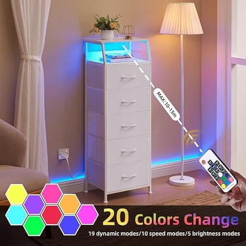 Somdot White Nightstand with Charging Station and LED Light for Bedroom, Tall 5 Drawers Dresser with Fabric Bins for Bedside Kids Dorm Room Closet Laundry Entryway, White Leather - 11"D x 16.5"W x 45.3"H (5 Drawers) - White Leather thumbnail 4