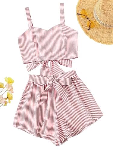 SweatyRocks Women's 2 Piece Outfits Summer Sleeveless Tie Back Crop Cami Top and Shorts Set thumbnail 3