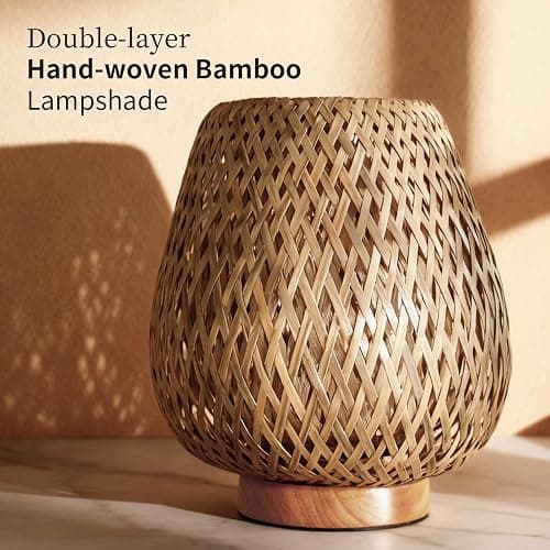 URLIGHTS Table Lamp with Double Layer Woven Shade Wood Base,Desk Bedside Small Lamps with 6ft Power Cord, 110V Plug, Dimmable E26 Socket (Bulb Included) for Living Room Night Stands Bedroom thumbnail 2