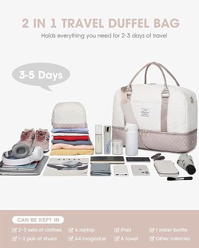 Travel Duffle Bag Weekender for Women: Travel Duffel Bag Carry-On Overnight Bag with Shoe Compartment & Wet Pocket Large Weekend Tote Bag withGym Duffel Bag for Hospital Beige thumbnail 3