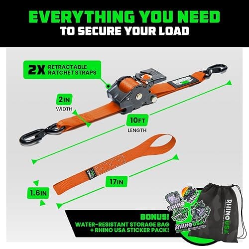 Rhino USA Retractable Ratchet Straps (2-Pack) - 2 Inch x 10 Feet (3,033lb Break Strength) - Heavy Duty Auto Self Retracting Tie Down Straps for Truck, Cargo Trailer, Motorcycle, Rad & More - Orange thumbnail 5