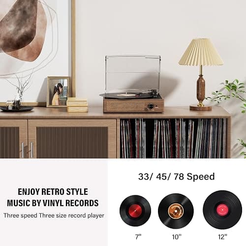 Record Player for Vinyl with 2 Build-in Speakers LP Vinyl Players Belt-Driven Vintage Turntables 3 Speed 3 Size, Wireless Bluetooth Playback, AUX-in,RCA Out, Headphone, Auto Stop Wood thumbnail 4