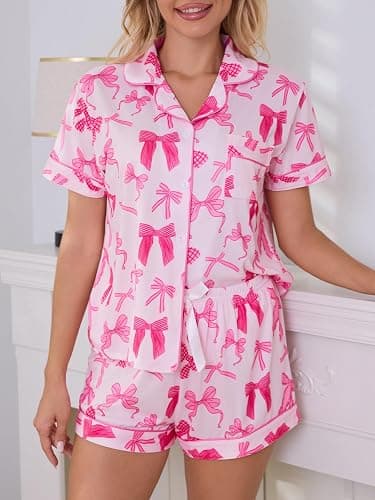 SMENYITRA Cute Pj Bow Pajamas Sets for Women 2 Piece Button Up Short Sleeve Comfy Summer Lounge Sleepwear thumbnail 2