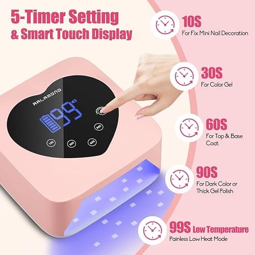RALAMOND UV LED Nail Lamp, 72W Cordless UV Light for Nails, Rechargeable Nail Dryer with 5 Timer & Auto Sensor, Professional Fast Curing Gel Nail Lamp with Large Touch Display (Pink) thumbnail 3