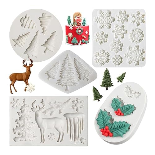 Christmas Fondant Mold Set of 5 Pieces- 3D Snowflake, Christmas Tree, Reindeer, Holly Leaf, Cupcake Topper for Cake Decorating Tools - Image 1