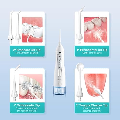 COSLUS Water Dental Flosser Teeth Pick: Portable Cordless Oral Irrigator 300ML Rechargeable Travel Irrigation Cleaner IPX7 Waterproof Electric Flossing Machine for Teeth Cleaning C20(F5020E) White thumbnail 7
