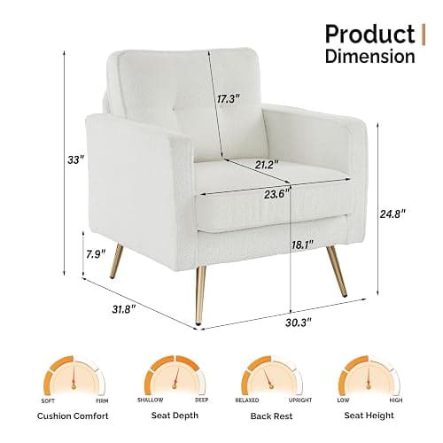 VINGLI Upholstered Living Room Chairs White Accent Chair Fluffy Teddy Fabric Mid Century Modern Sofa Chairs with Arms, Gold Legs for Reading, Bedroom, Waiting Room thumbnail 2