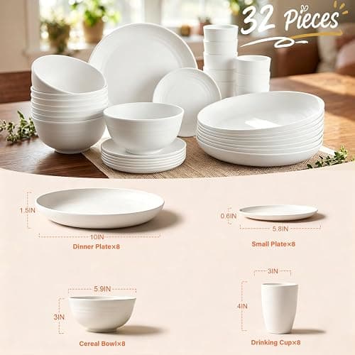BUSOKIP Plates and Bowls Sets for 8, Unbreakable & Lightweight Wheat Straw Dinnerware Sets 32 PCS, Microwave Safe Dishes Set for 8, Dinner Plate, Kitchen Cups and Bowls for Outdoor- White thumbnail 3