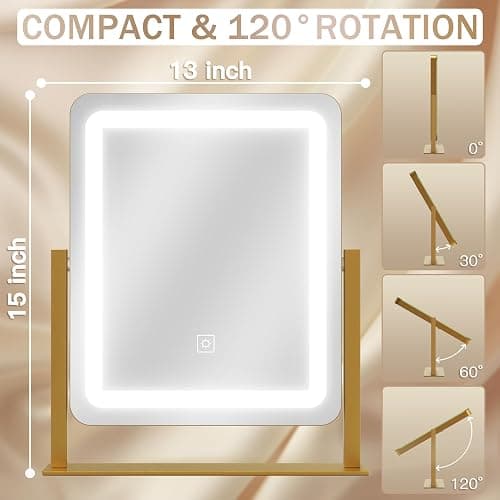 ROLOVE Gold Vanity Mirror with Lights, 15"x13" Lighted Makeup Mirror with Smart Touch, 3-Color Dimmable Lighting, 360° Rotation, Tabletop Mirror for Desk or Bedroom thumbnail 2