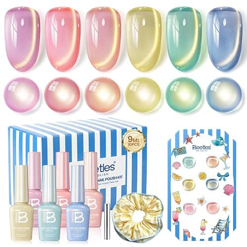 Beetles Summer Voyage Cat Eye Gel Nail Polish Set - 9ML 6 Colors Saltmist Sunset Summer Cat Eye Gel Nail Polish Kit Yellow Blue Green Pink Purple Soak Off UV Salon DIY at Home Manicure Gift for Women - Image 1