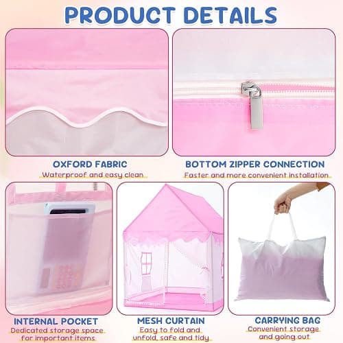 BSHAPPLUS Pink Tent for Kids Indoor, 1 to 3-Year-Old | Durable Oxford Cloth & 15.79mm Thickened Support Poles More Stable, Breathable Window & Inside Pockets, 41"L × 39"W × 50.4"H thumbnail 4