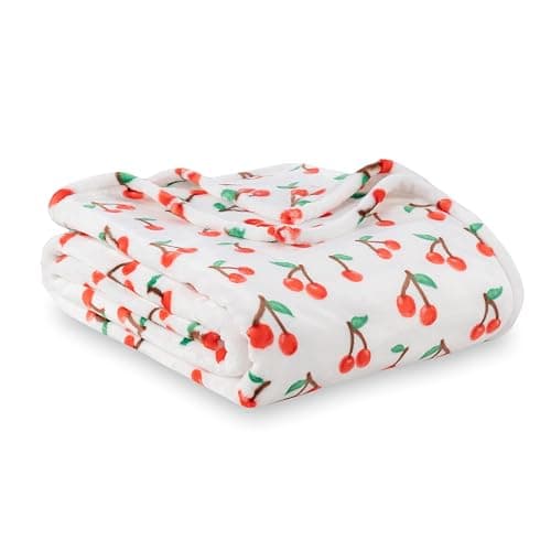 Berkshire Blanket-Classic Heavyweight Soft Printed VelvetLoft® Plush Blanket, Full/Queen Size Soft Fuzzy Warm Blanket for Couch Sofa Bed, Cherries Toss White, 90in x 90in - Image 1
