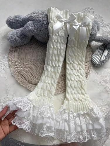 Leoparts Women's Knit Leg Warmers Y2K Bow Lace Trim Knee High Leg Sleeve Socks for Lolita Costume Party Accessory thumbnail 6
