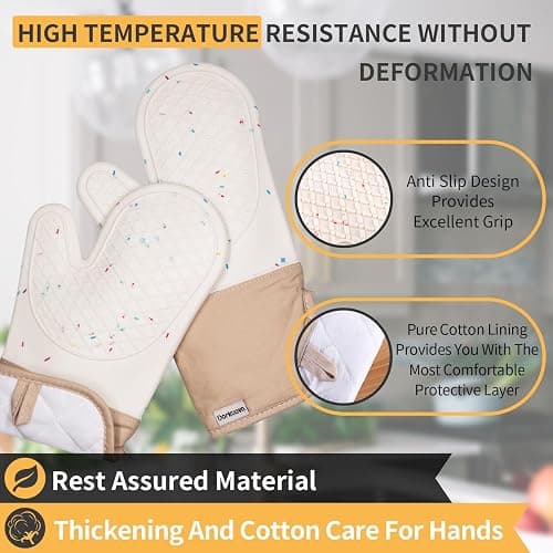 Dorkuova Oven Glove Cute,Cooking Mittens,Oven Mittens for Kitchen,Oven Gloves for Kitchen,Washable Silicone Oven Mitts Heat Resistant 500°F, Potholders for Kitchens Cooking Baking(Cream thumbnail 5