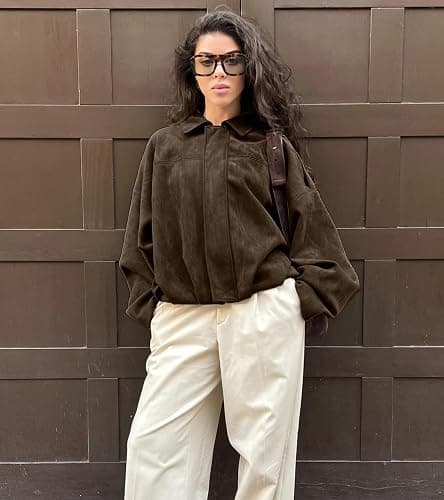 Bnigung Womens Faux Suede Bomber Jacket Oversized Long Sleeve Cropped Coat | Lightweight Going Out Suede Jackets, 2 Pockets, Lapel Collar, Batwing Sleeve, Zip up, Outerwear for Casual Daily Vacation thumbnail 7