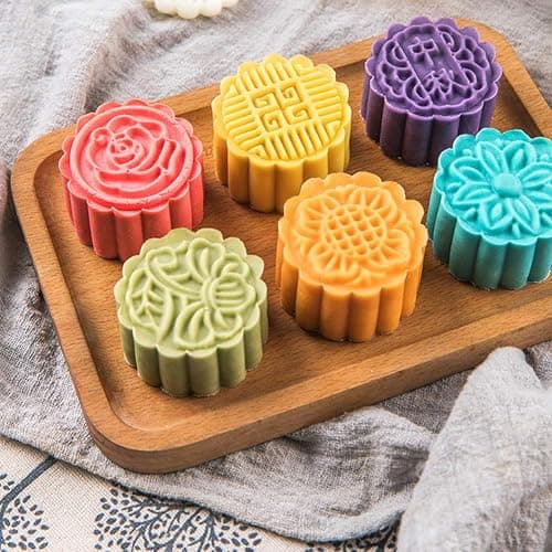 Moon Cake Mold 6 PCS, Mid Autumn Festival DIY Hand Press Cookie Stamps Pastry Tool Moon Cake Maker, Flower Mode Patterns 1 Mold 6 Stamps 50g (White). thumbnail 2